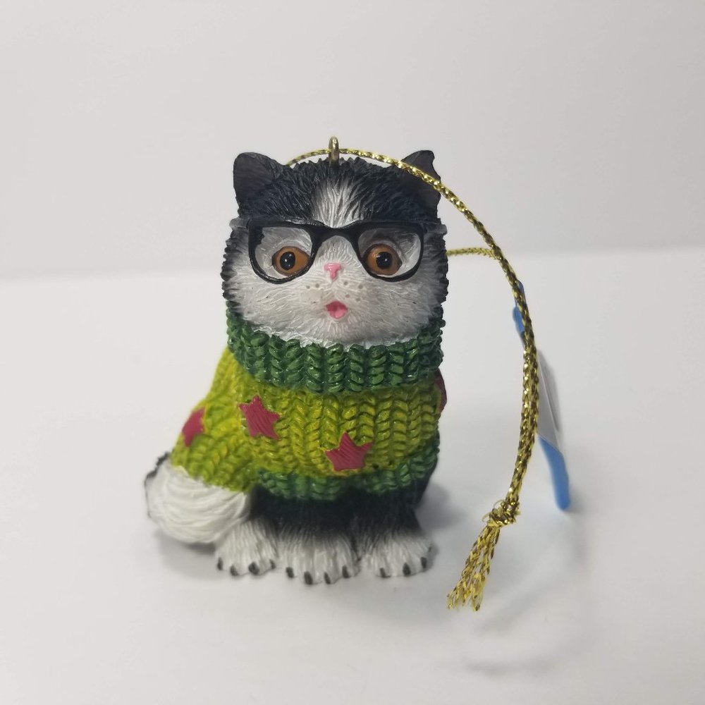 New Cat in Sweater & Glasses Xmas Ornament Decor